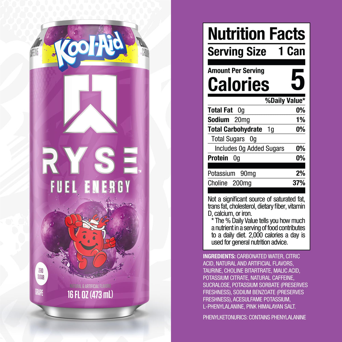 Close-up of the Kool-Aid Grape label on a can highlighting vegan, zero-sugar benefits.