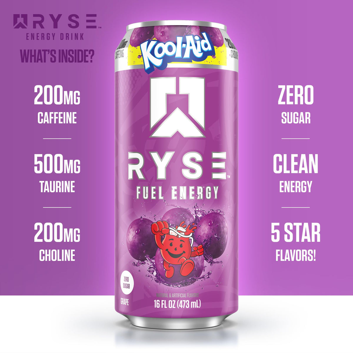 RYSE Fuel multi-pack box featuring Kool-Aid Grape cans for on-the-go energy.