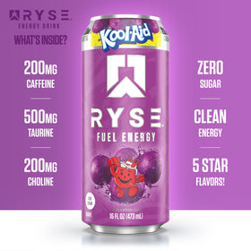 RYSE Fuel multi-pack box featuring Kool-Aid Grape cans for on-the-go energy.