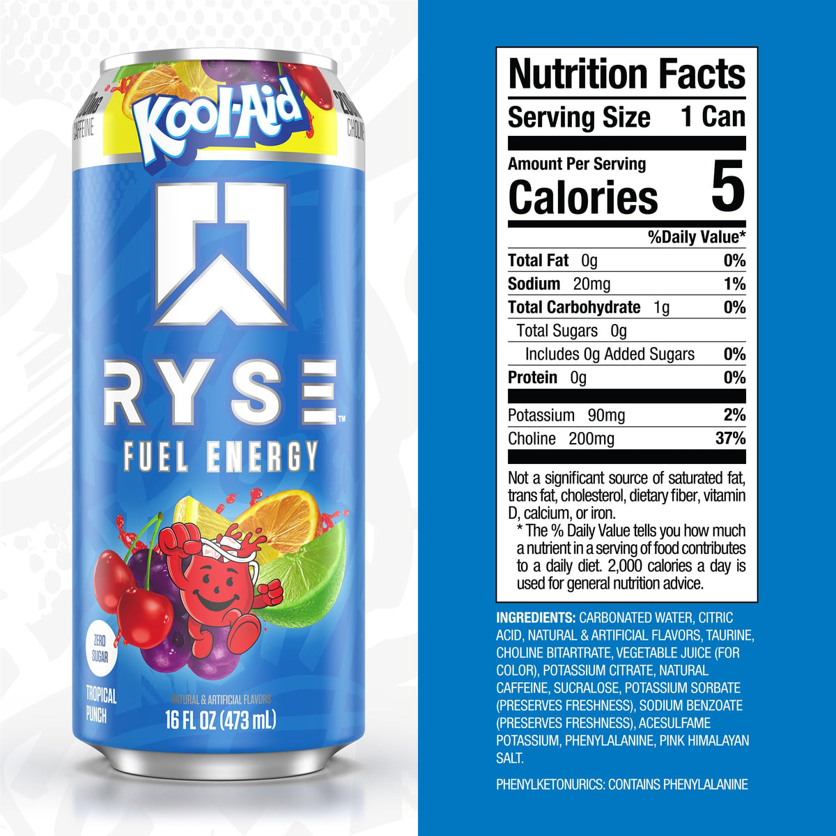 RYSE Fuel Kool-Aid Tropical Punch being poured into a glass for crisp energy