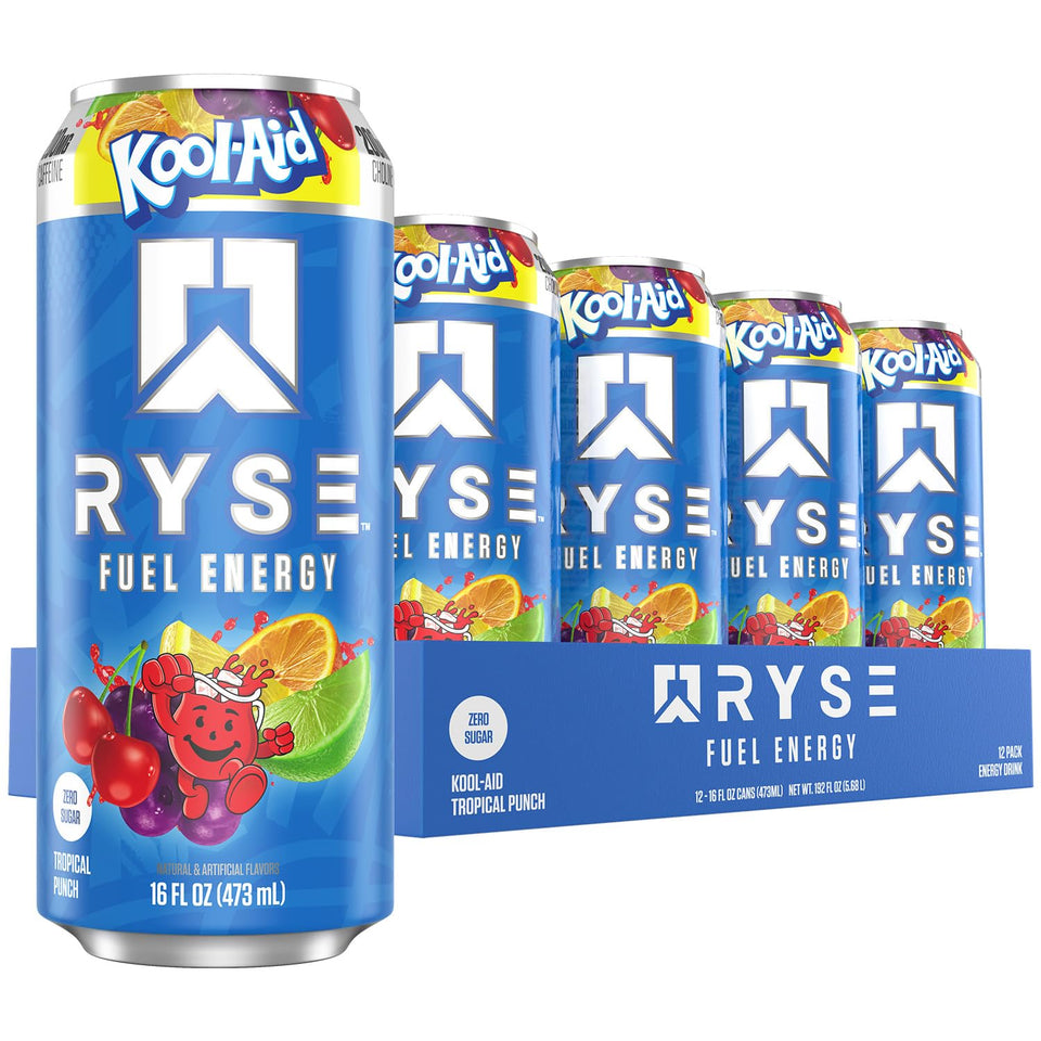 RYSE Fuel Kool-Aid Tropical Punch can front view highlighting bold flavor and energy potential