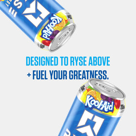 Glass and can of RYSE Fuel Kool-Aid Tropical Punch ready to sip during a workout
