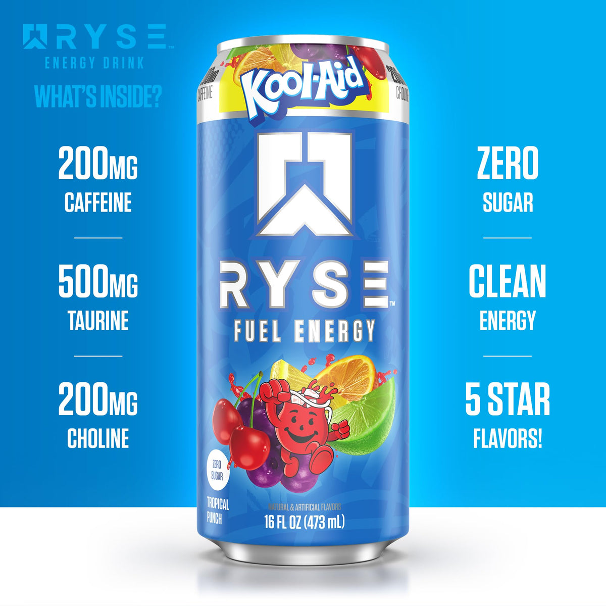 Chilled RYSE Fuel Kool-Aid Tropical Punch can beside ice for refreshing lift