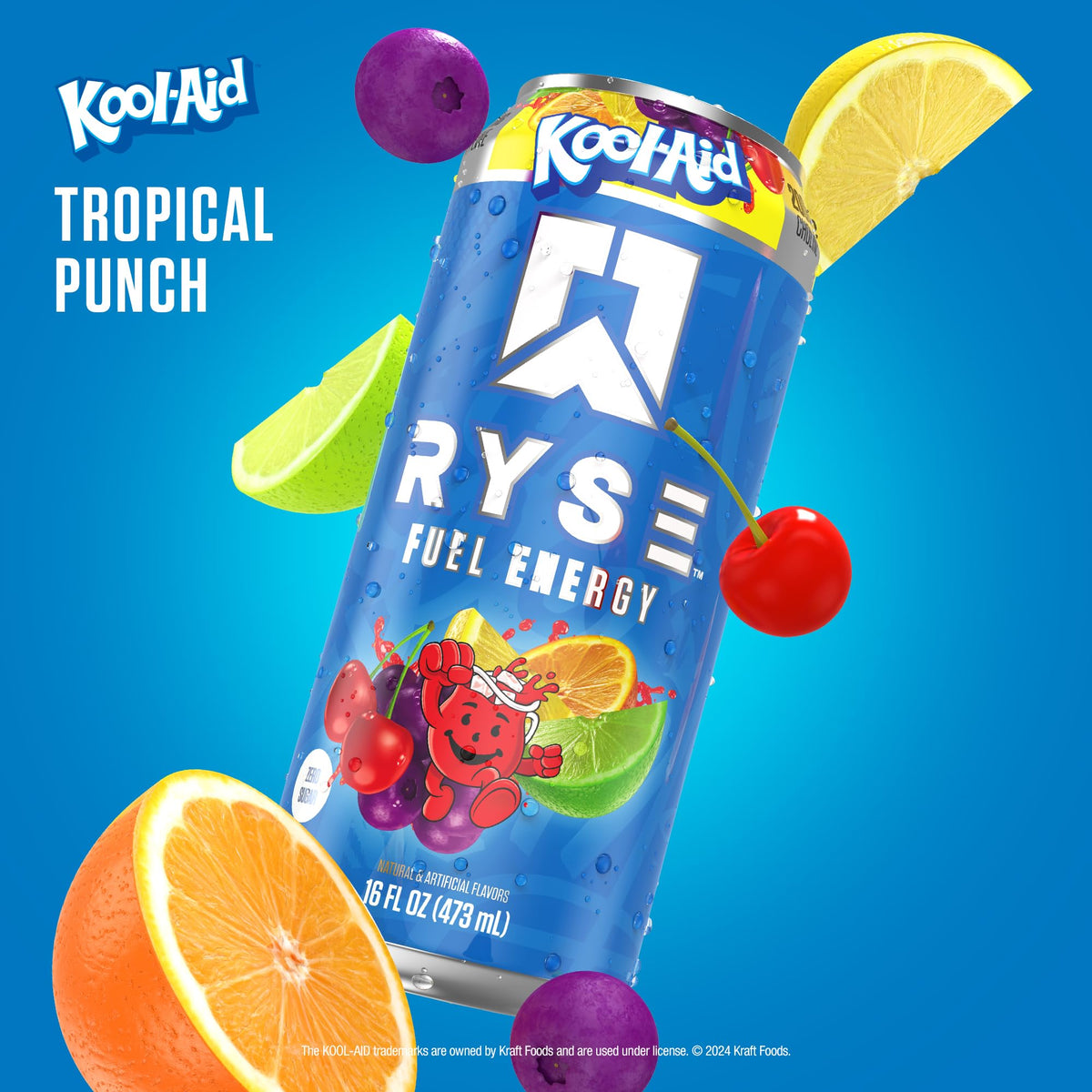 Close-up of RYSE Fuel Kool-Aid Tropical Punch label showing zero sugar and vegan formula