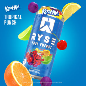 Close-up of RYSE Fuel Kool-Aid Tropical Punch label showing zero sugar and vegan formula