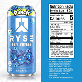 RYSE Fuel Sour Punch Blue Raspberry being poured over ice, zero sugar, refreshing