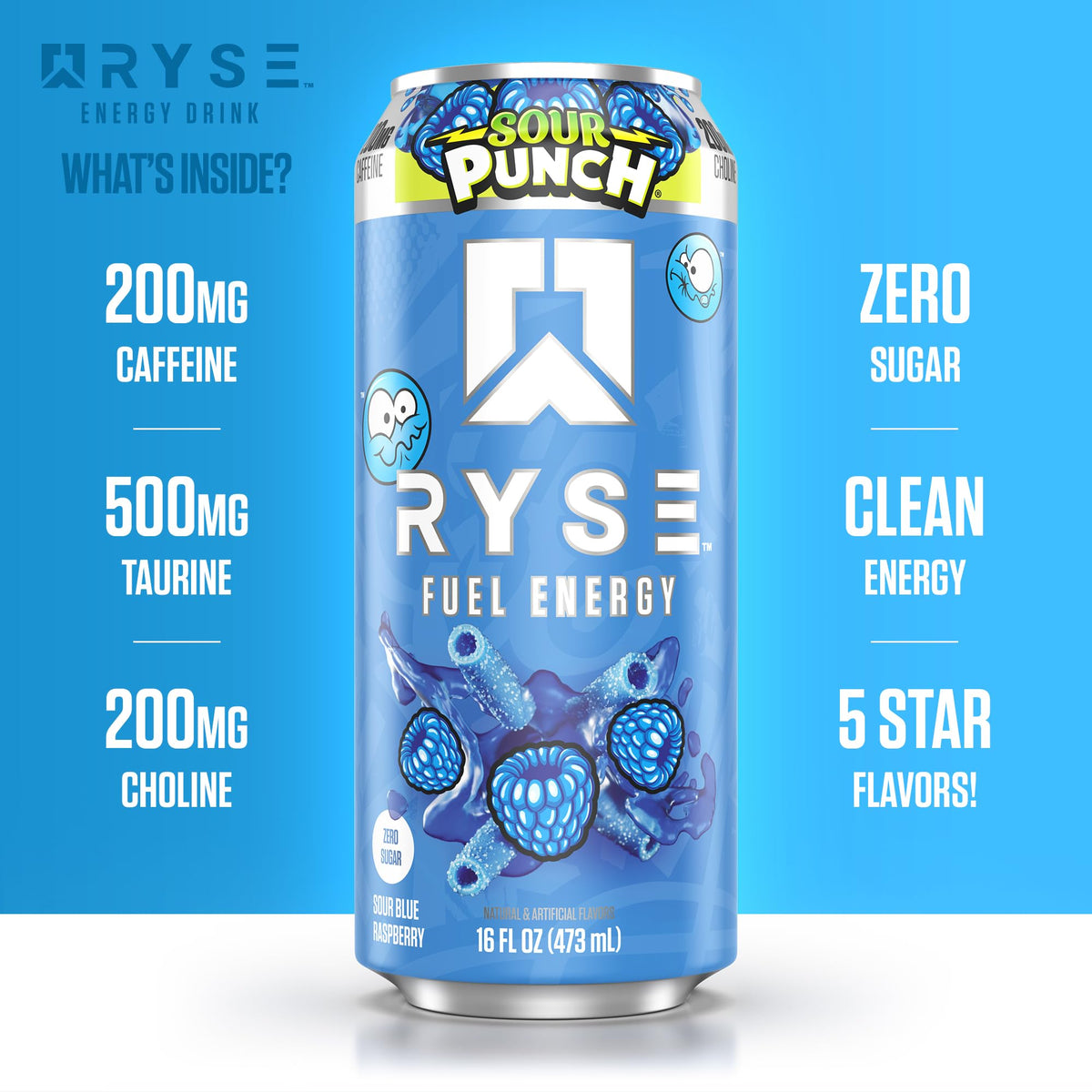 Side packaging highlights 200mg caffeine for focused moments