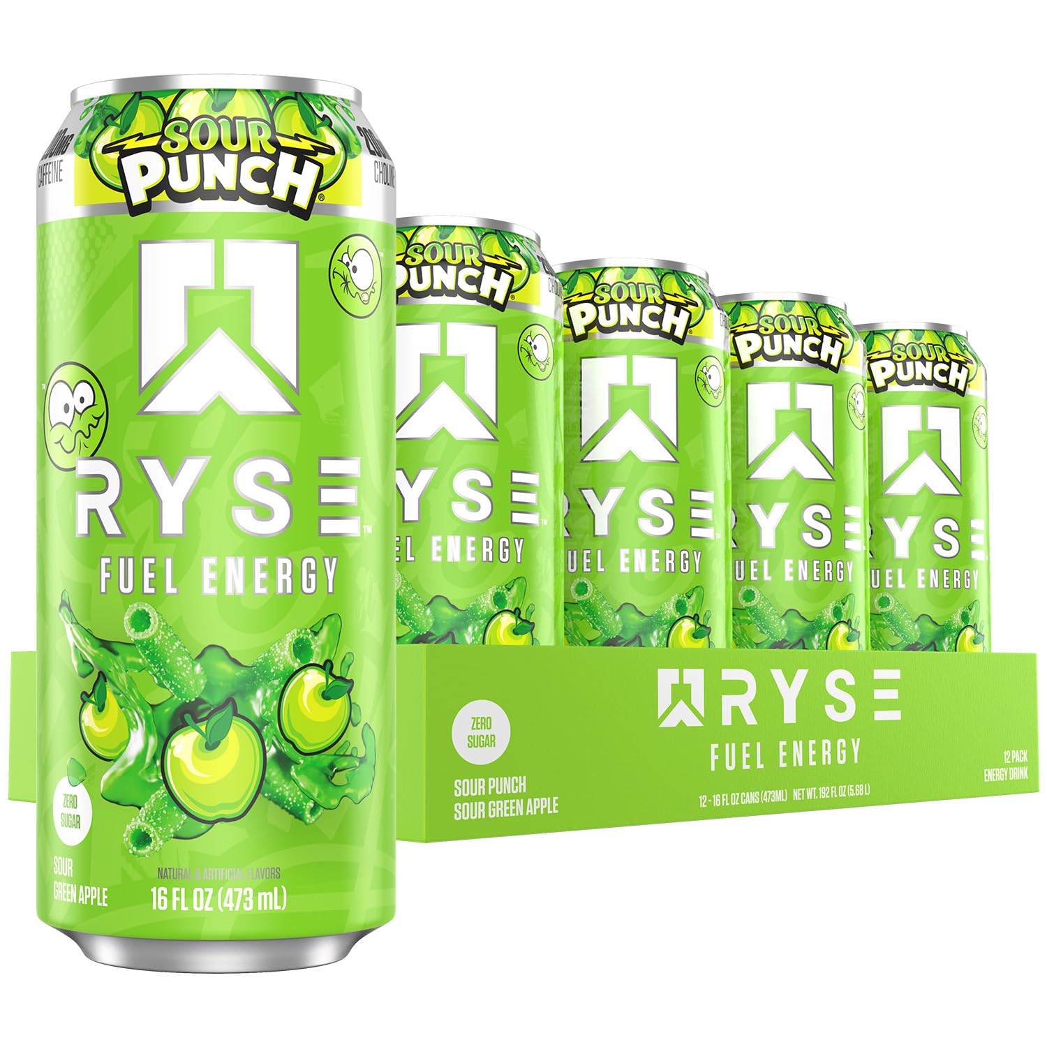 RYSE Fuel Sour Punch Green Apple can front view highlighting caffeine boost for focus
