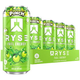 RYSE Fuel Sour Punch Green Apple can front view highlighting caffeine boost for focus
