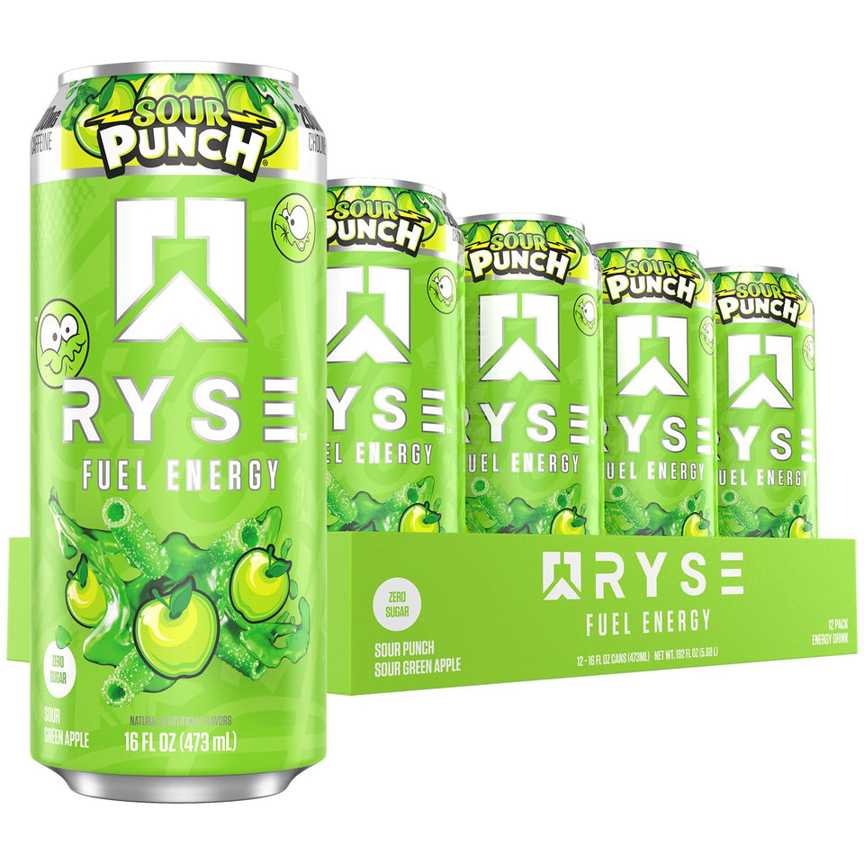 RYSE Fuel Sour Punch Green Apple can front view highlighting caffeine boost for focus