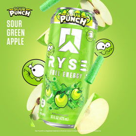 RYSE Fuel Sour Punch Green Apple being poured into a glass for on-the-go energy