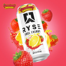 RYSE Fuel Energy Drink Strawberry Squeeze label close-up highlighting natural caffeine.
