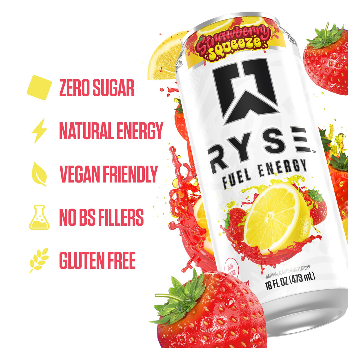 RYSE Fuel Energy Drink Strawberry Squeeze nutrition facts emphasize zero sugar.
