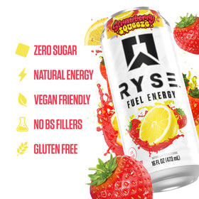 RYSE Fuel Energy Drink Strawberry Squeeze nutrition facts emphasize zero sugar.