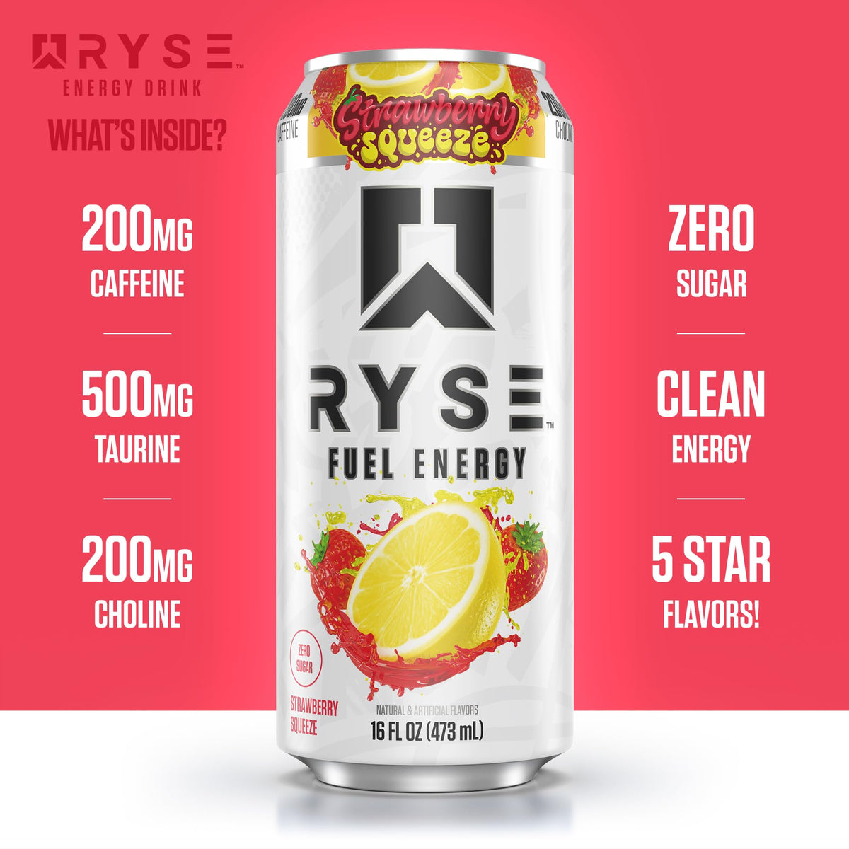 RYSE Fuel Energy Drink Strawberry Squeeze packaging showcases 12-pack convenience.