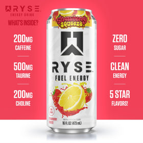 RYSE Fuel Energy Drink Strawberry Squeeze packaging showcases 12-pack convenience.