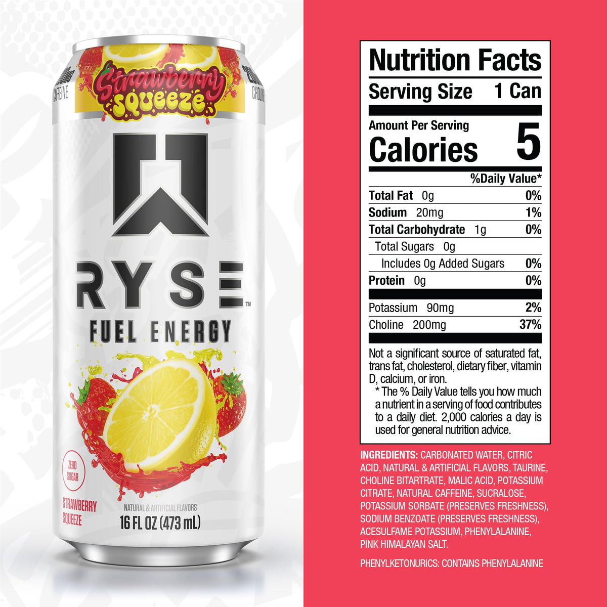 RYSE Fuel Energy Drink Strawberry Squeeze pour showing quick focus during workouts.