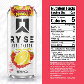 RYSE Fuel Energy Drink Strawberry Squeeze pour showing quick focus during workouts.