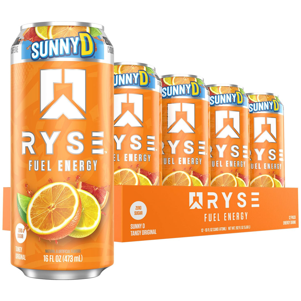 RYSE Fuel SunnyD Tangy Original bottle for portable energy and on-the-go focus.