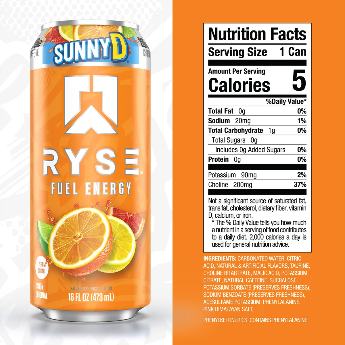 RYSE Fuel SunnyD Tangy Original can front highlights zero sugar and vegan energy.