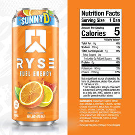 RYSE Fuel SunnyD Tangy Original can front highlights zero sugar and vegan energy.