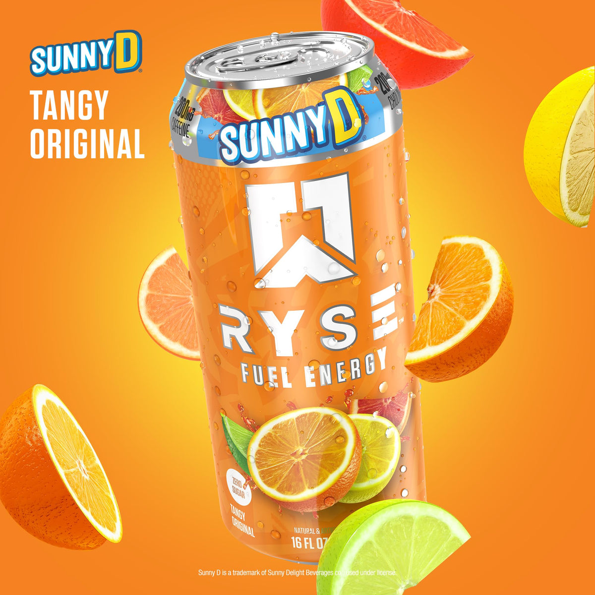 Close-up label of RYSE Fuel SunnyD Tangy Original communicates clean ingredients and no artificial colors.