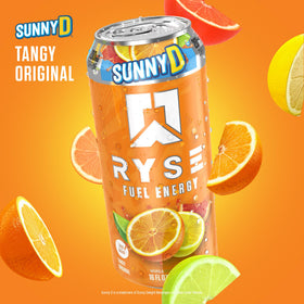 Close-up label of RYSE Fuel SunnyD Tangy Original communicates clean ingredients and no artificial colors.