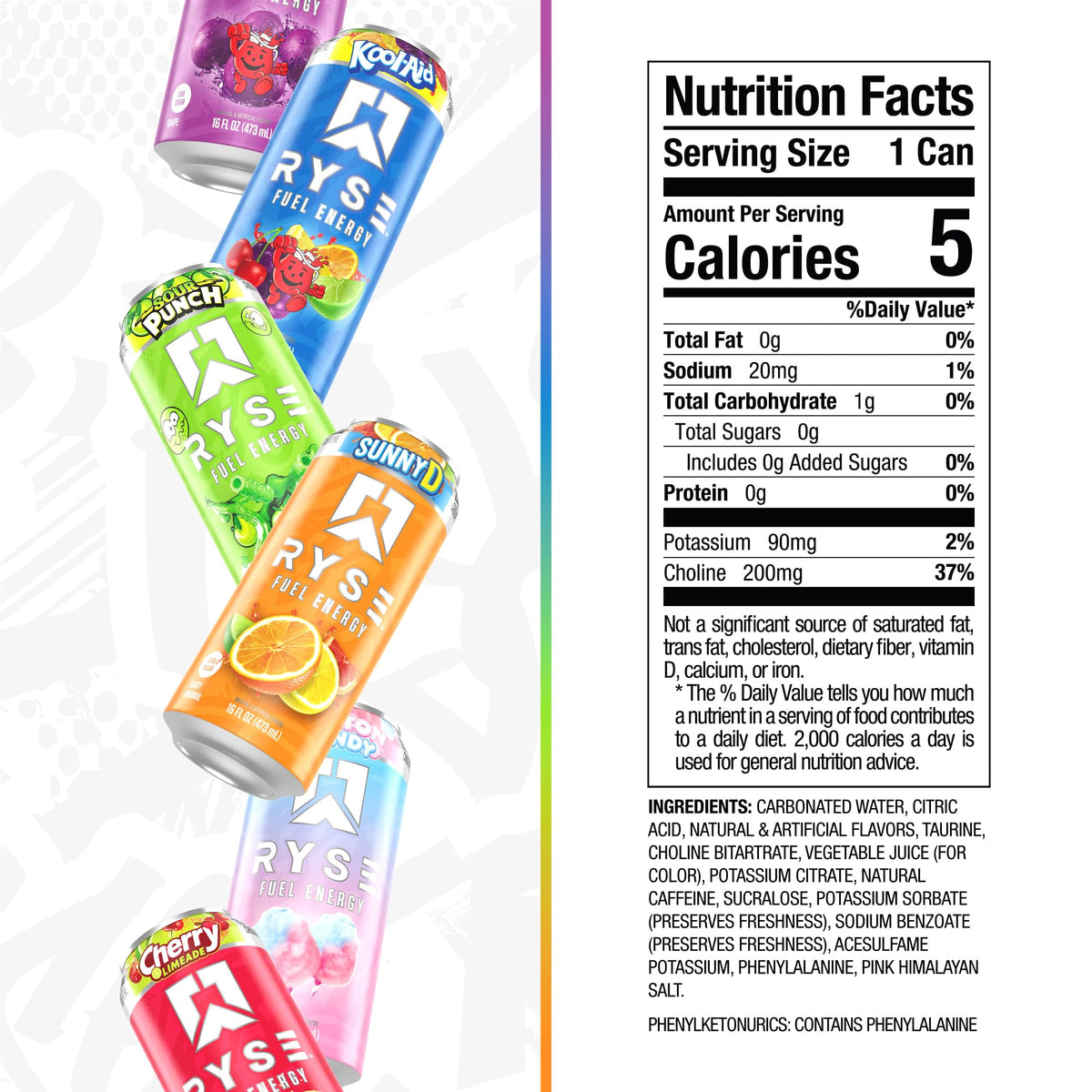 RYSE Fuel variety pack on store display emphasizing sugar-free, vegan formula.