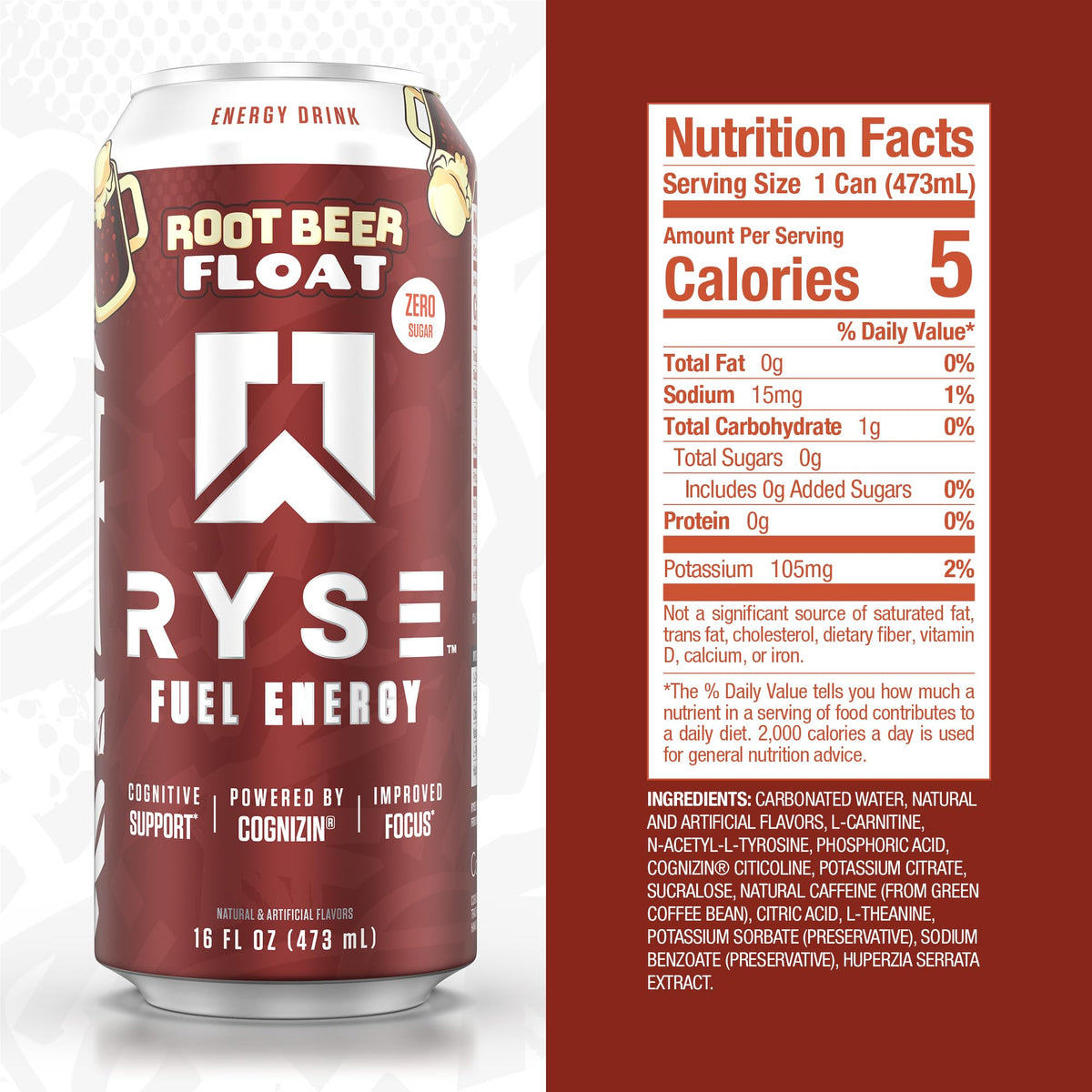 RYSE Fuel label shows Cognizin Citicoline and L-Theanine for clear calm focus.