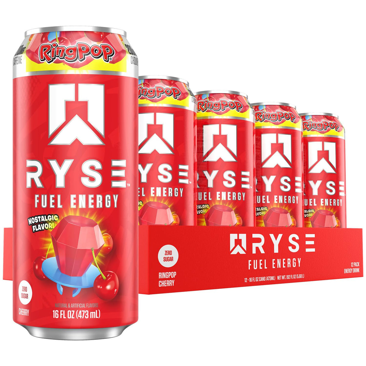RYSE Fuel Ring Pop Cherry bottle shows clean, sugar-free energy for workouts