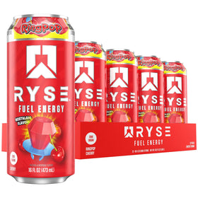 RYSE Fuel Ring Pop Cherry bottle shows clean, sugar-free energy for workouts