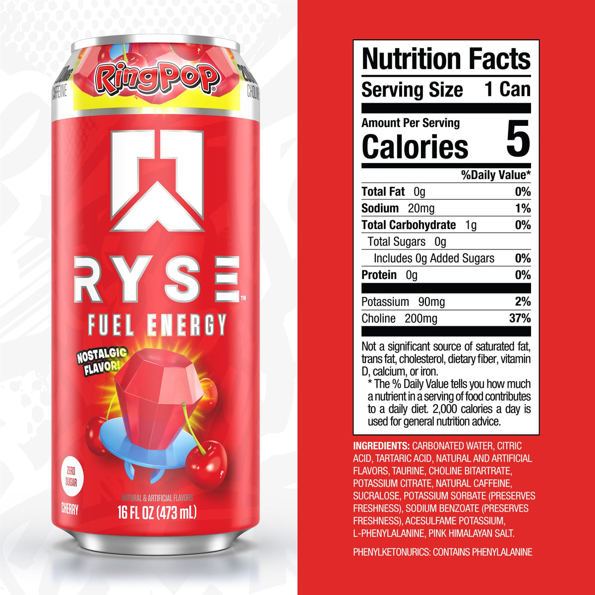 RYSE Fuel Ring Pop Cherry can front highlights 200 mg caffeine for mental focus