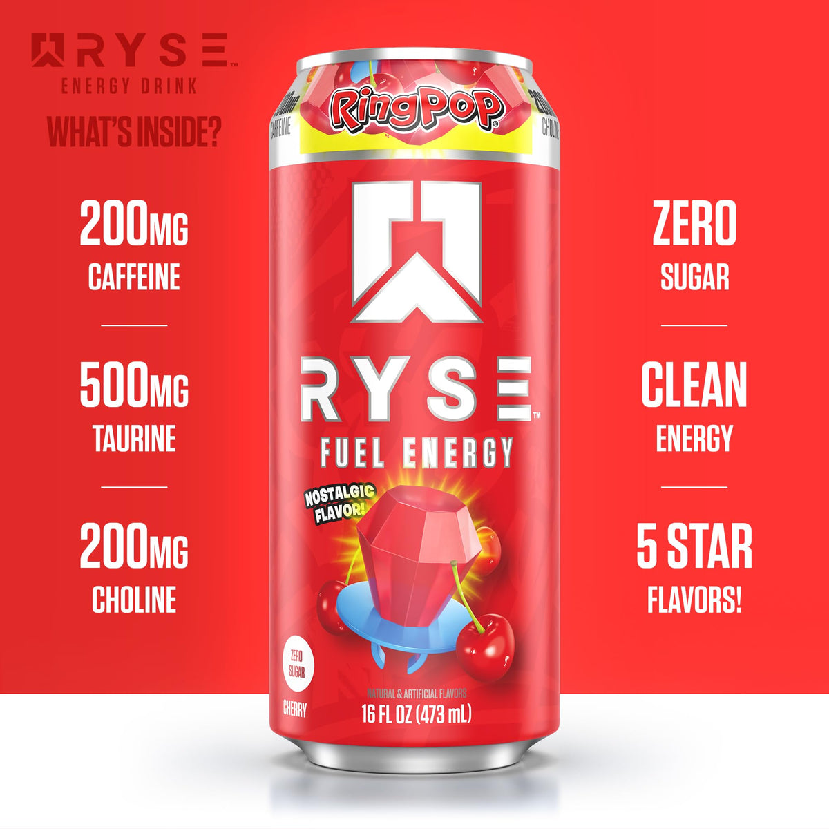 RYSE Fuel Ring Pop Cherry glass with ice illustrates refreshing, sugar-free energy on the go