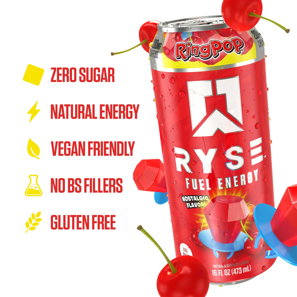 RYSE Fuel Ring Pop Cherry ingredients section showcases taurine and choline benefits