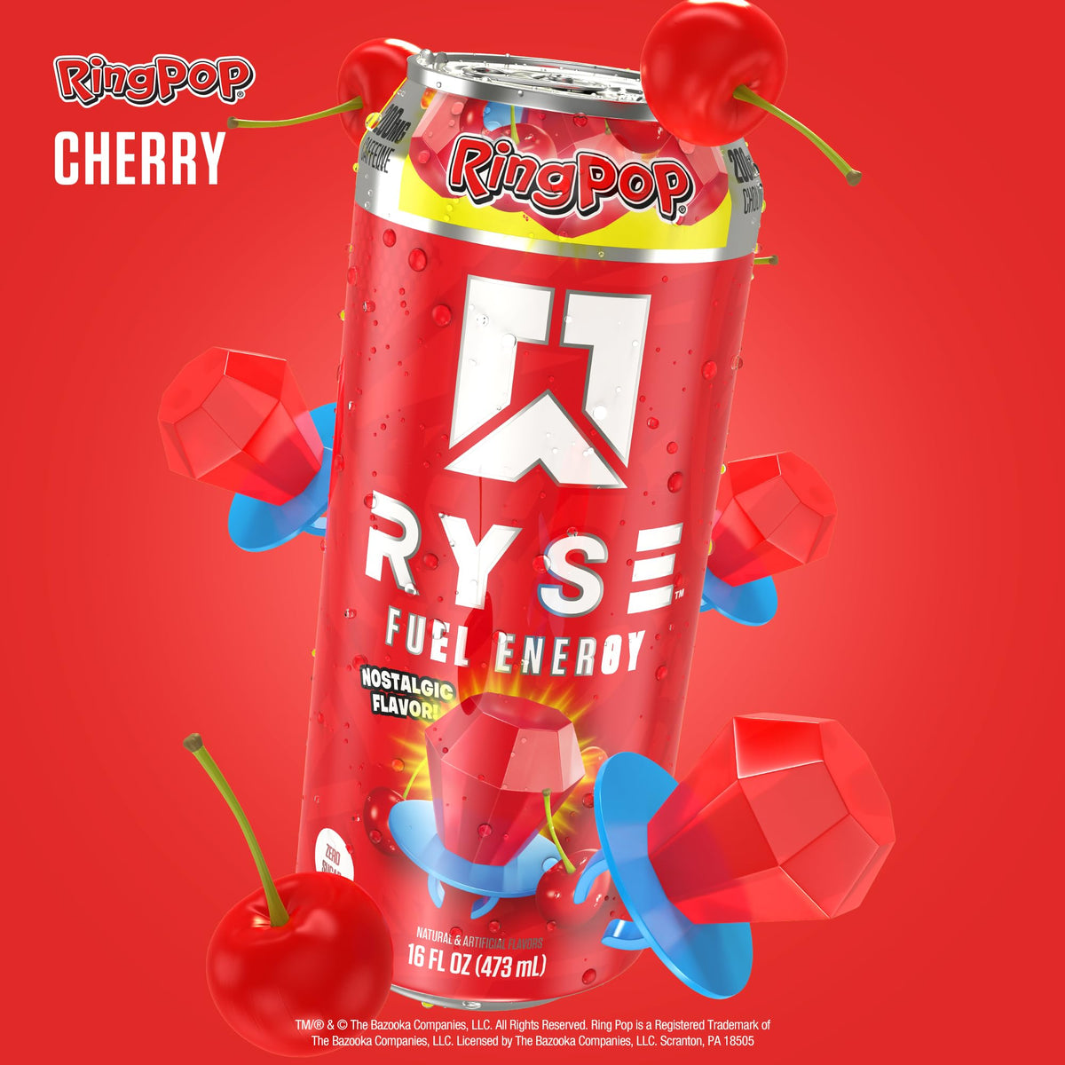 RYSE Fuel Ring Pop Cherry label closeup emphasizes zero sugar and vegan formula