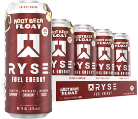 RYSE Fuel root beer float can highlighting sugar free energy and focus support.