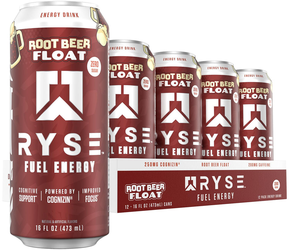 RYSE Fuel root beer float can highlighting sugar free energy and focus support.