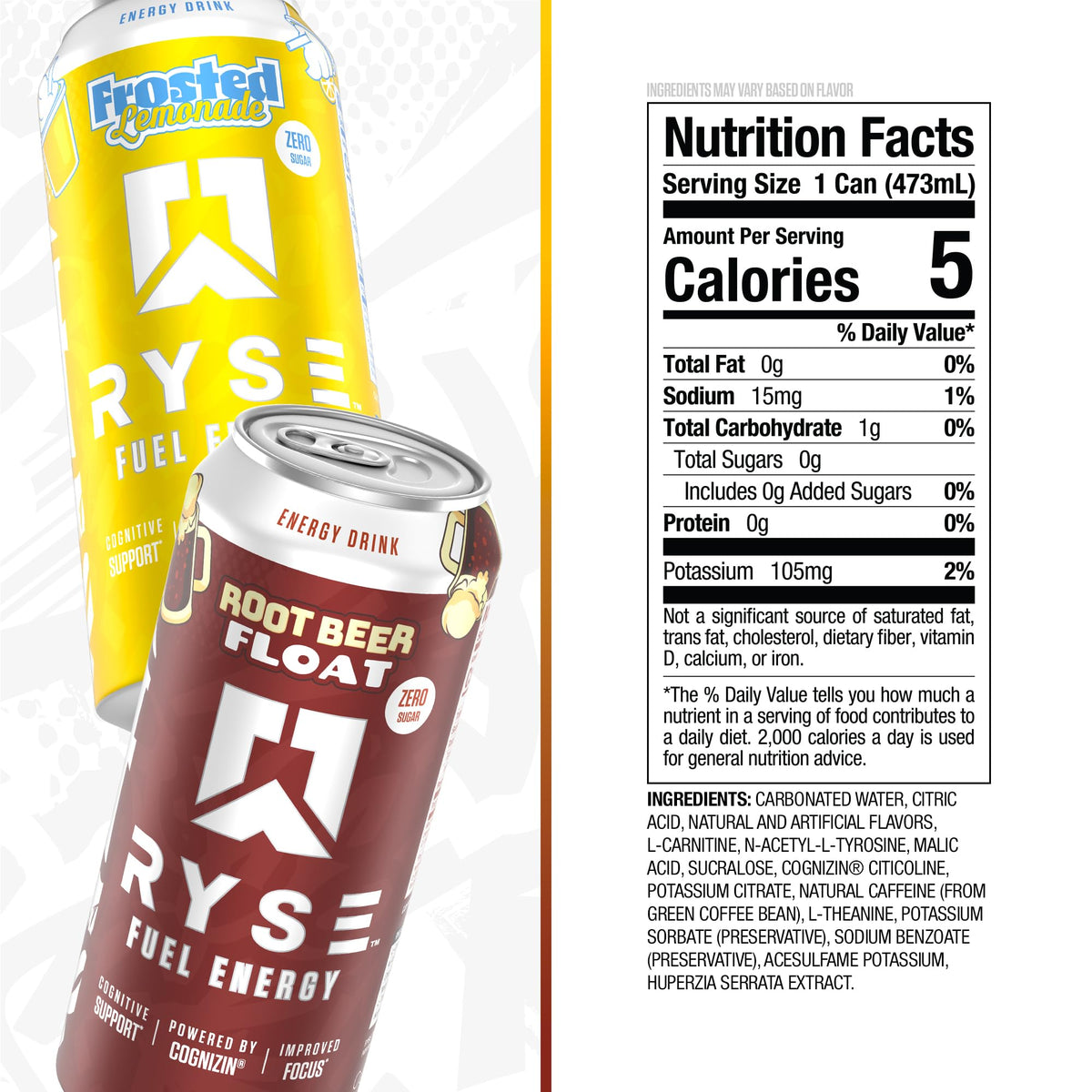RYSE Fuel Root Beer Float can highlights a sugar free formula and steady energy