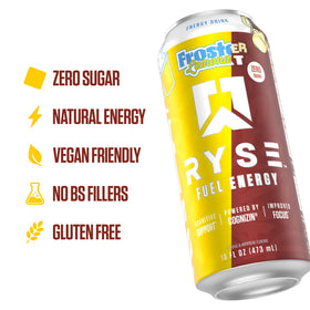 RYSE Fuel variety pack display highlights vegan, gluten free, and no artificial colors benefits