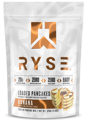 RYSE Loaded Protein Pancake Banana Batter promotes steady energy with high-protein morning prep