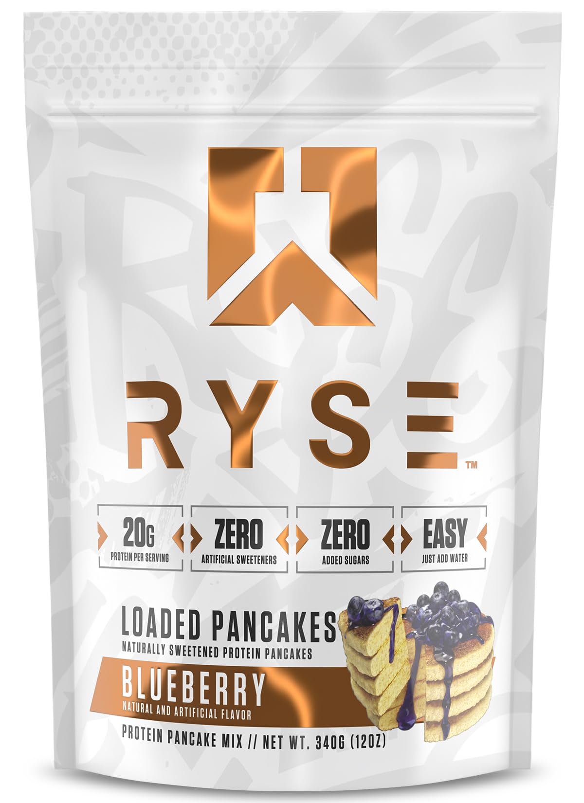RYSE Loaded Protein Pancake Blueberry package highlights high-protein breakfast option.