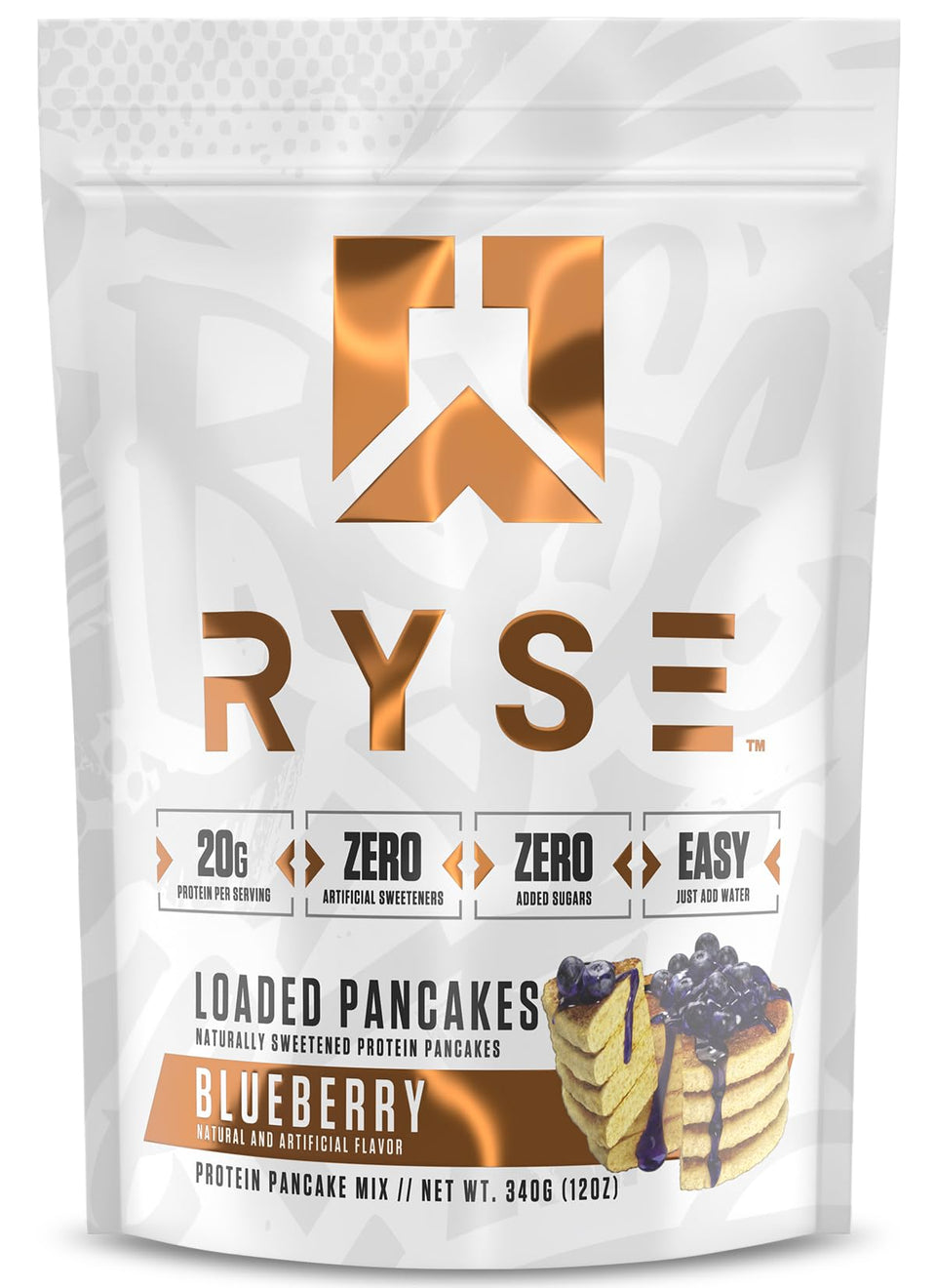 RYSE Loaded Protein Pancake Blueberry package highlights high-protein breakfast option.