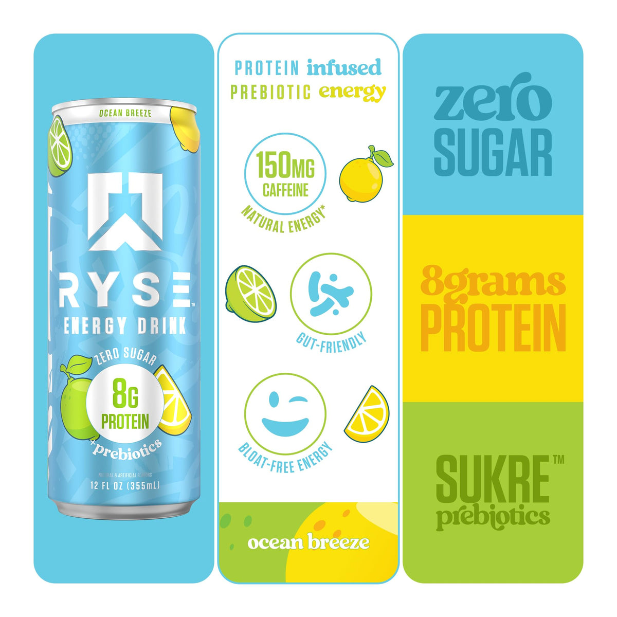 RYSE Ocean Breeze bottle displays 1g prebiotic for gut health support and immune function.
