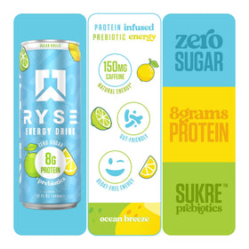 RYSE Ocean Breeze bottle displays 1g prebiotic for gut health support and immune function.