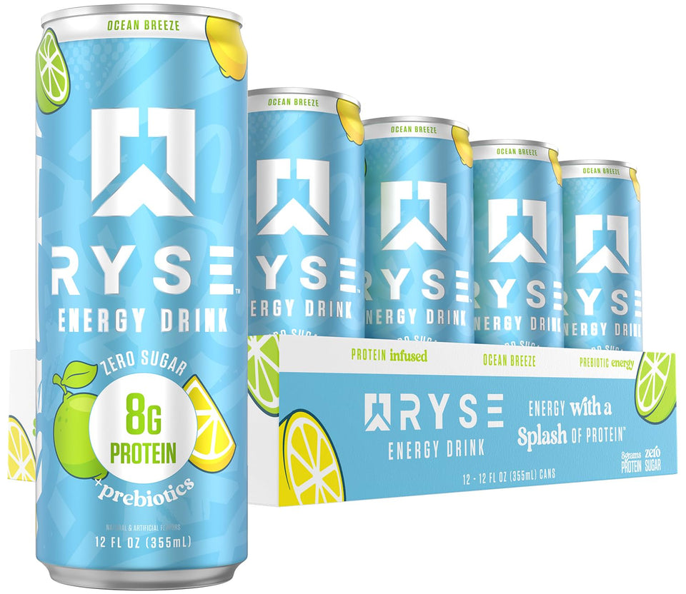 RYSE Ocean Breeze energy can tilt shows sugar-free caffeine boost for on-the-go focus.