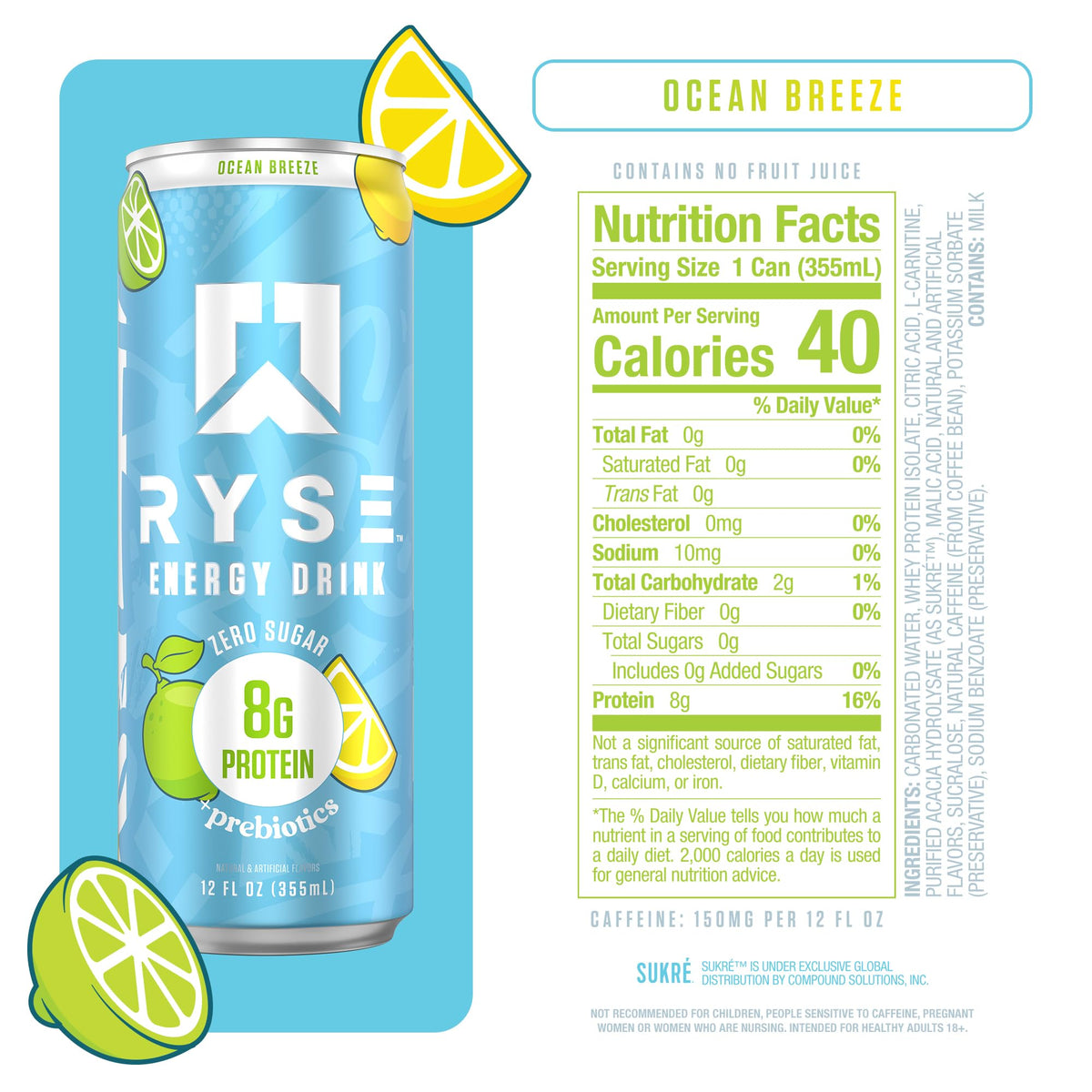 RYSE Ocean Breeze energy can with label visible highlights 8g protein for sustained energy and recovery.