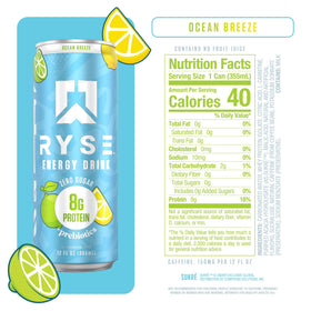 RYSE Ocean Breeze energy can with label visible highlights 8g protein for sustained energy and recovery.