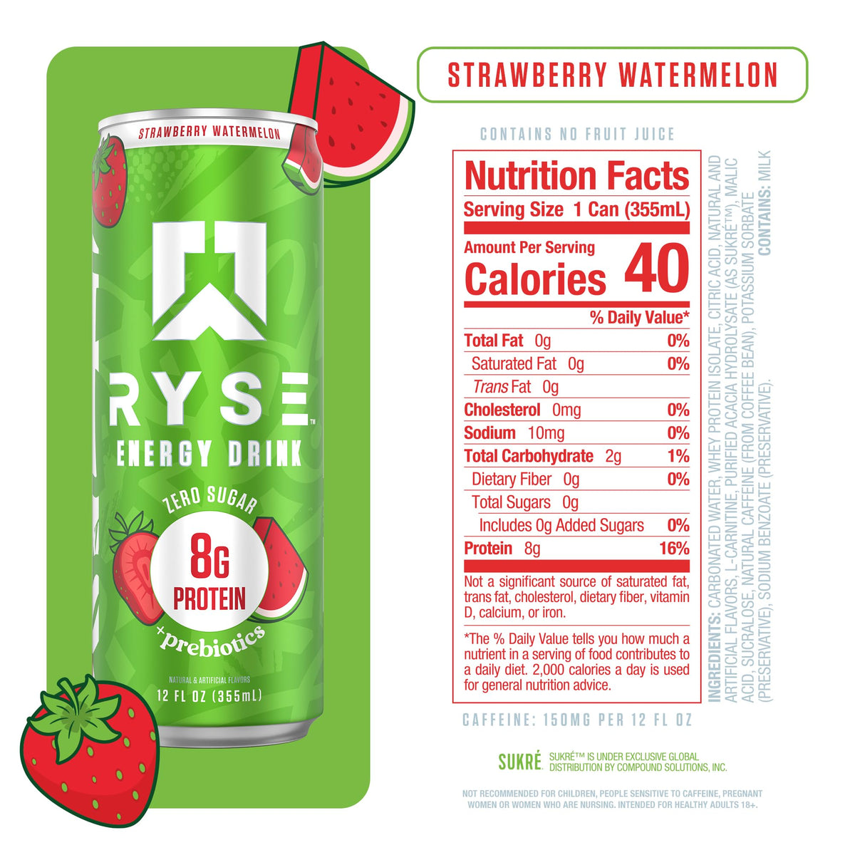 RYSE Up bottle nutrition label highlights caffeine, protein, and prebiotic benefits for daily use.