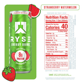 RYSE Up bottle nutrition label highlights caffeine, protein, and prebiotic benefits for daily use.