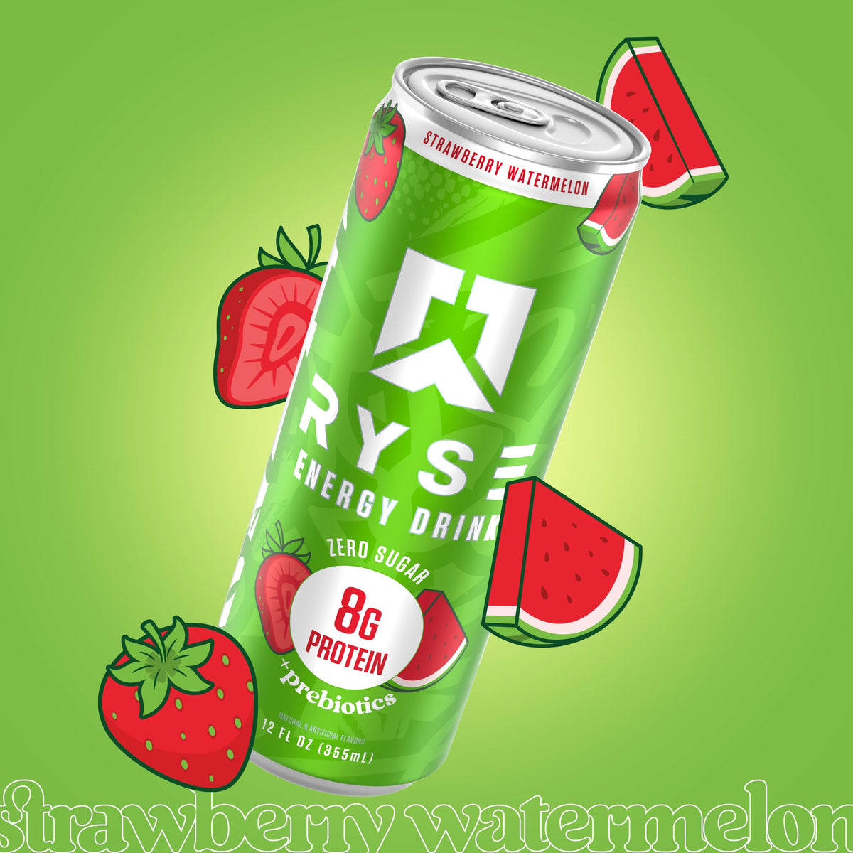RYSE Up 12-pack packaging emphasizes sugar-free, bloat-free energy.